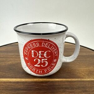 Christmas North Pole Express Delivery Mug White Speckled Ceramic Campfire Style